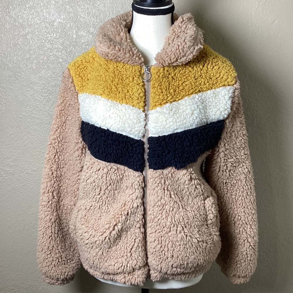 Love Tree Teddy Sherpa Full‑Zip Jacket Size‎ Small, Tan w/ Mustard/Ivory/Black
